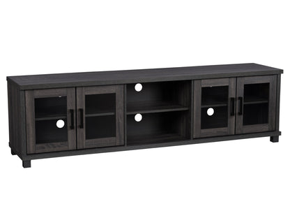Dark grey TV stand for TVs up to 95 inches, featuring a sleek modern design, sturdy wooden construction, and ample storage with open shelves and closed cabinets. Ideal for contemporary living rooms.