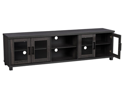 Dark grey TV stand for TVs up to 95 inches, featuring a sleek modern design, sturdy wooden construction, and ample storage with open shelves and closed cabinets. Ideal for contemporary living rooms.