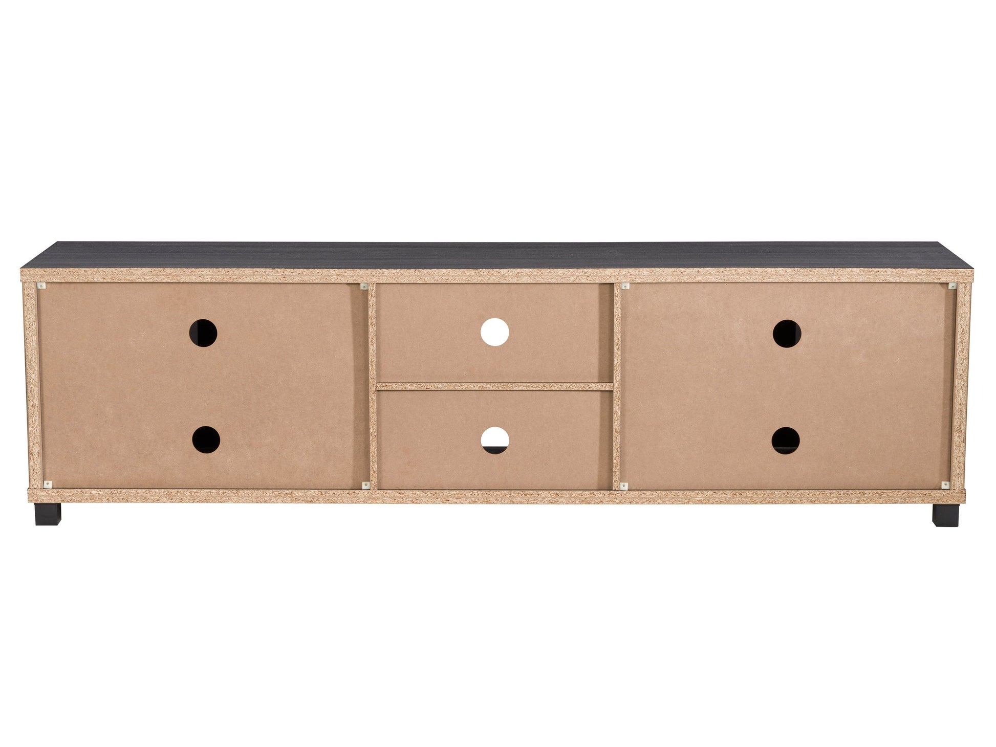 Dark grey TV stand for TVs up to 95 inches, featuring a sleek modern design, sturdy wooden construction, and ample storage with open shelves and closed cabinets. Ideal for contemporary living rooms.