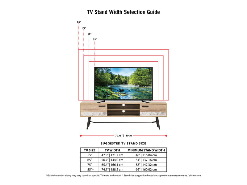 distressed warm beige white duotone Mid Century Modern TV Stand for TVs up to 85" Aurora Collection infographic by CorLiving