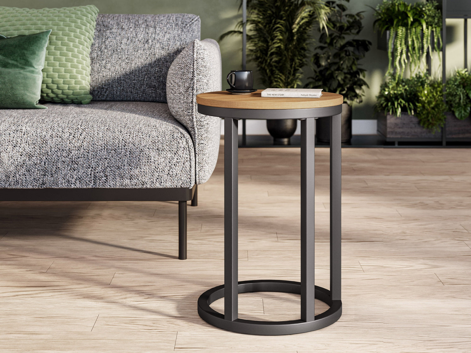 Round side table with a natural wood top and black metal frame, featuring a lower shelf for additional storage. The table's sleek, modern design complements contemporary living room or bedroom decor.