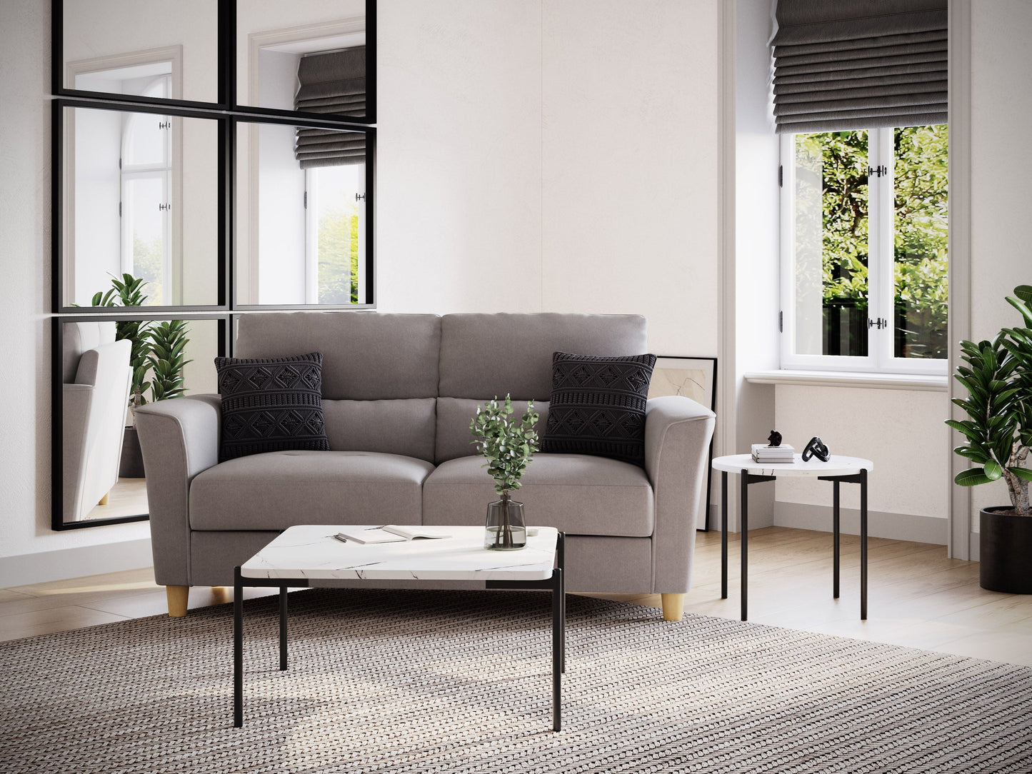 White marble coffee table set with gold metal frame, modern minimalist design, round shape, smooth polished surface, perfect for living room decor, durable and stylish, contemporary furniture piece.