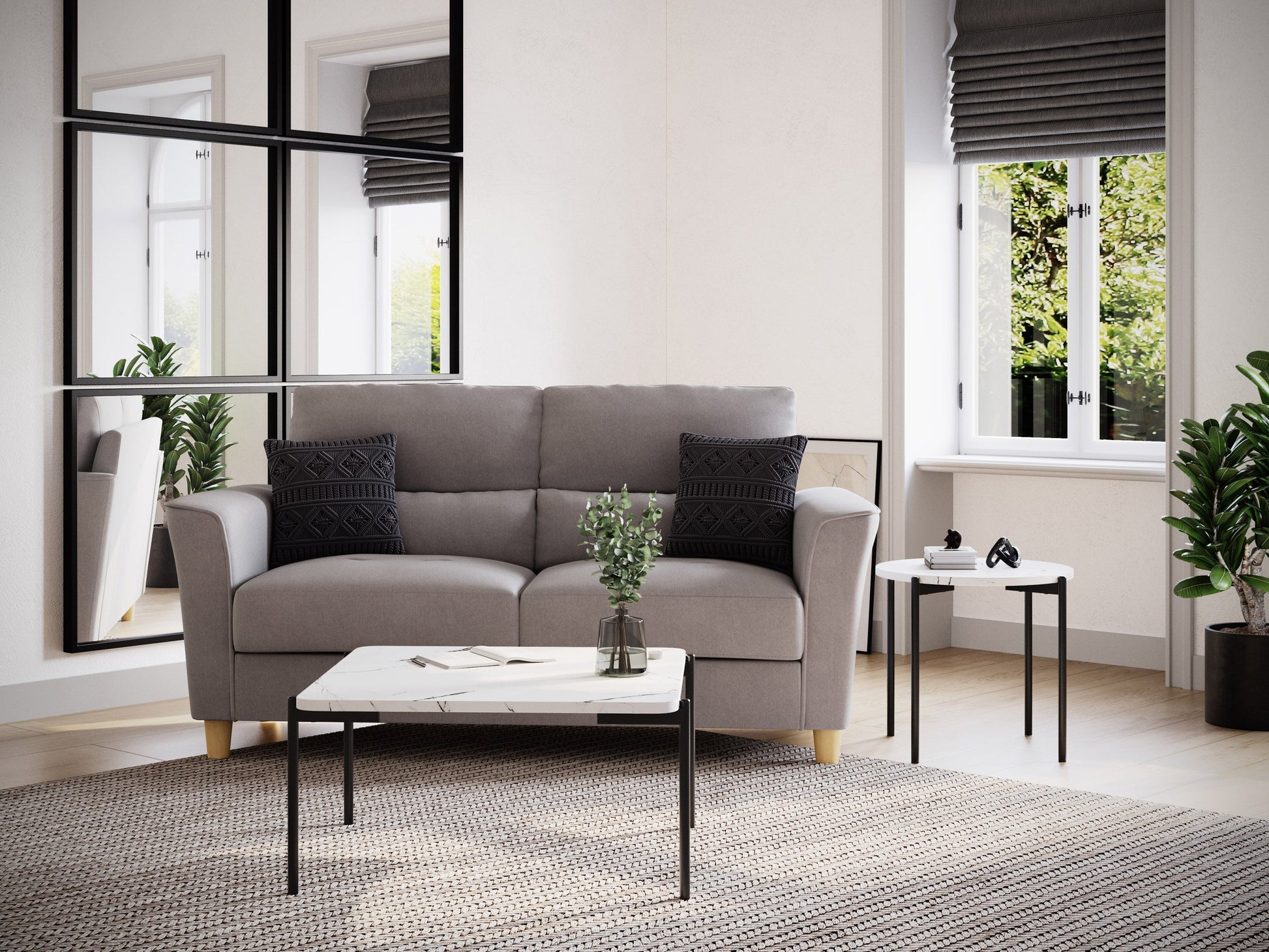 White marble coffee table set with gold metal frame, modern minimalist design, round shape, smooth polished surface, perfect for living room decor, durable and stylish, contemporary furniture piece.