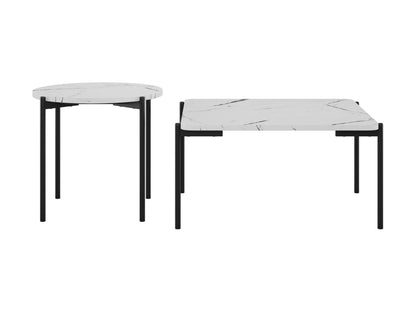 White marble coffee table set with gold metal frame, modern minimalist design, round shape, smooth polished surface, perfect for living room decor, durable and stylish, contemporary furniture piece.