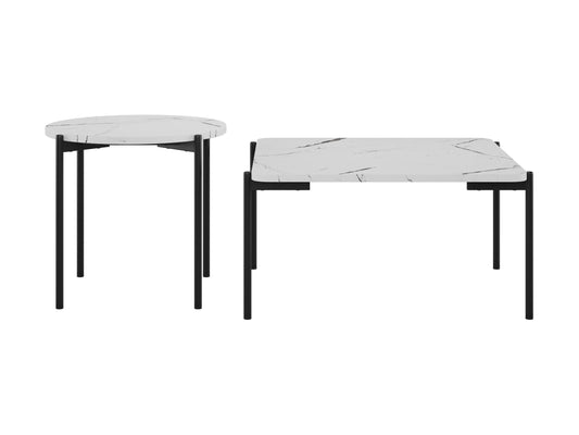 White marble coffee table set with gold metal frame, modern minimalist design, round shape, smooth polished surface, perfect for living room decor, durable and stylish, contemporary furniture piece.