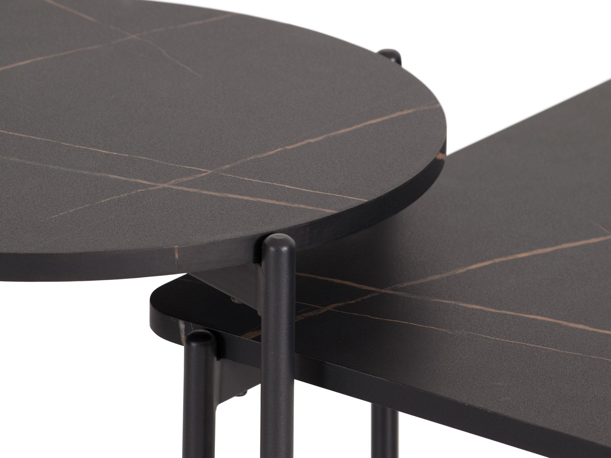 Black marble coffee table set with gold metal frame, featuring a sleek modern design, smooth marble texture, and nested tables for versatile living room decor. Ideal for contemporary interiors.
