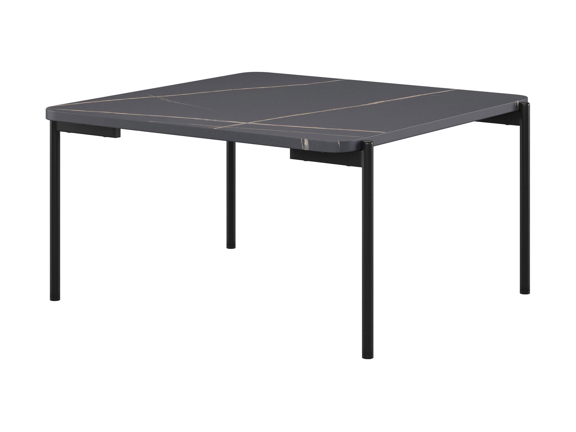 Black marble coffee table set with gold metal frame, featuring a sleek modern design, smooth marble texture, and nested tables for versatile living room decor. Ideal for contemporary interiors.