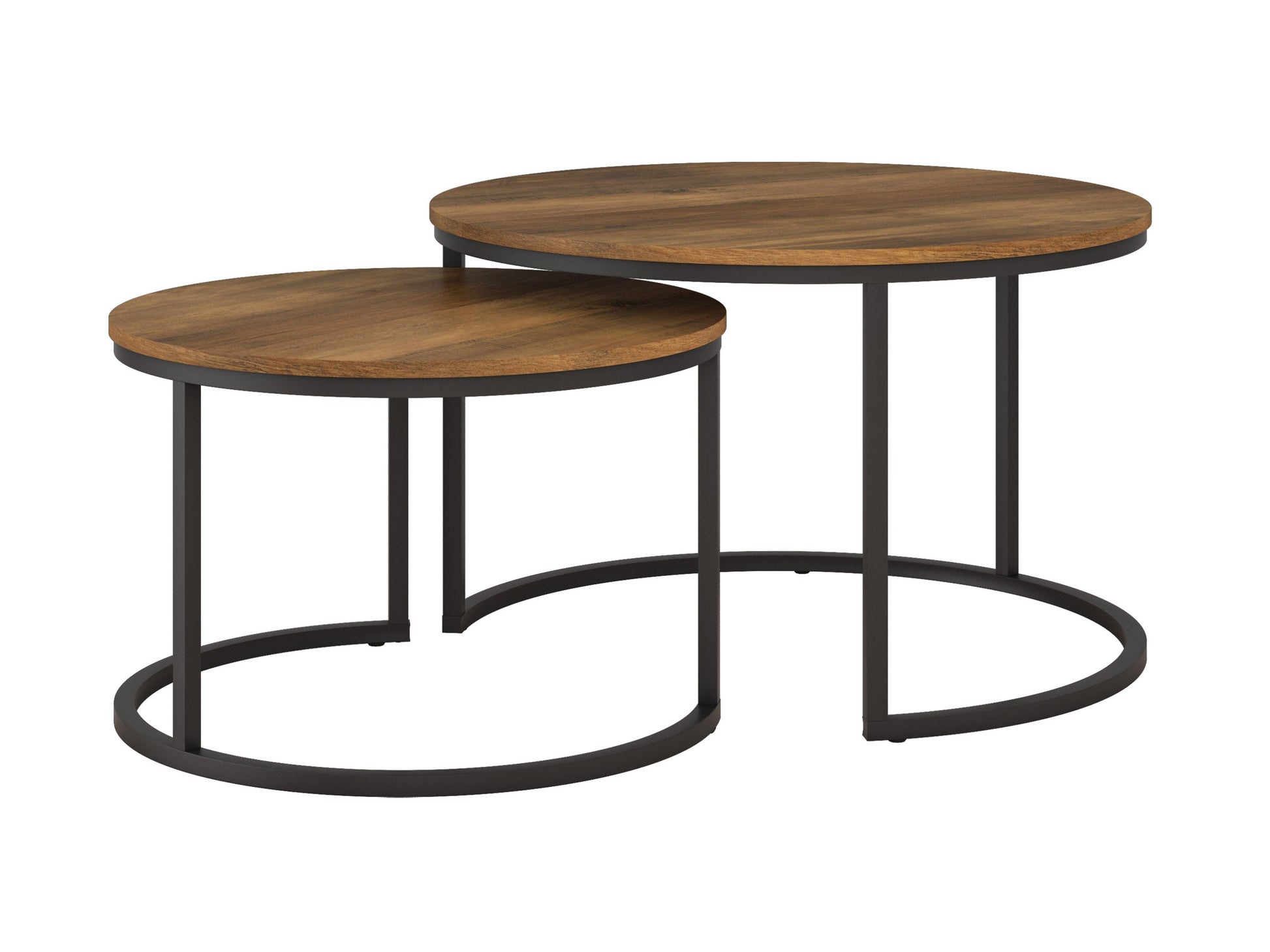 Round nesting coffee tables with brown wood tops, black metal legs, and a modern minimalist design. The larger table has a smooth surface, while the smaller table can be tucked underneath for space-saving versatility.