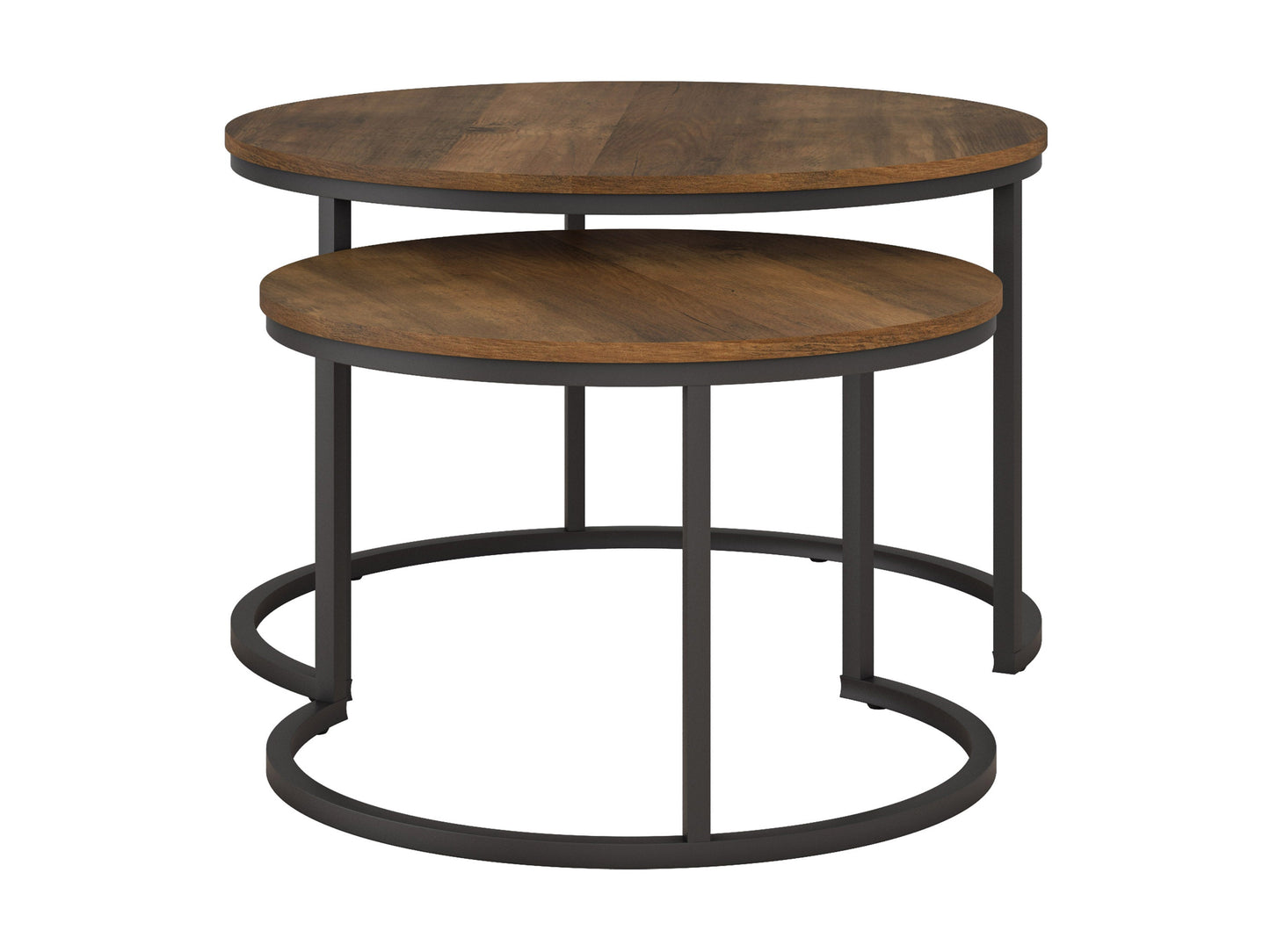 Round nesting coffee tables with brown wood tops, black metal legs, and a modern minimalist design. The larger table has a smooth surface, while the smaller table can be tucked underneath for space-saving versatility.