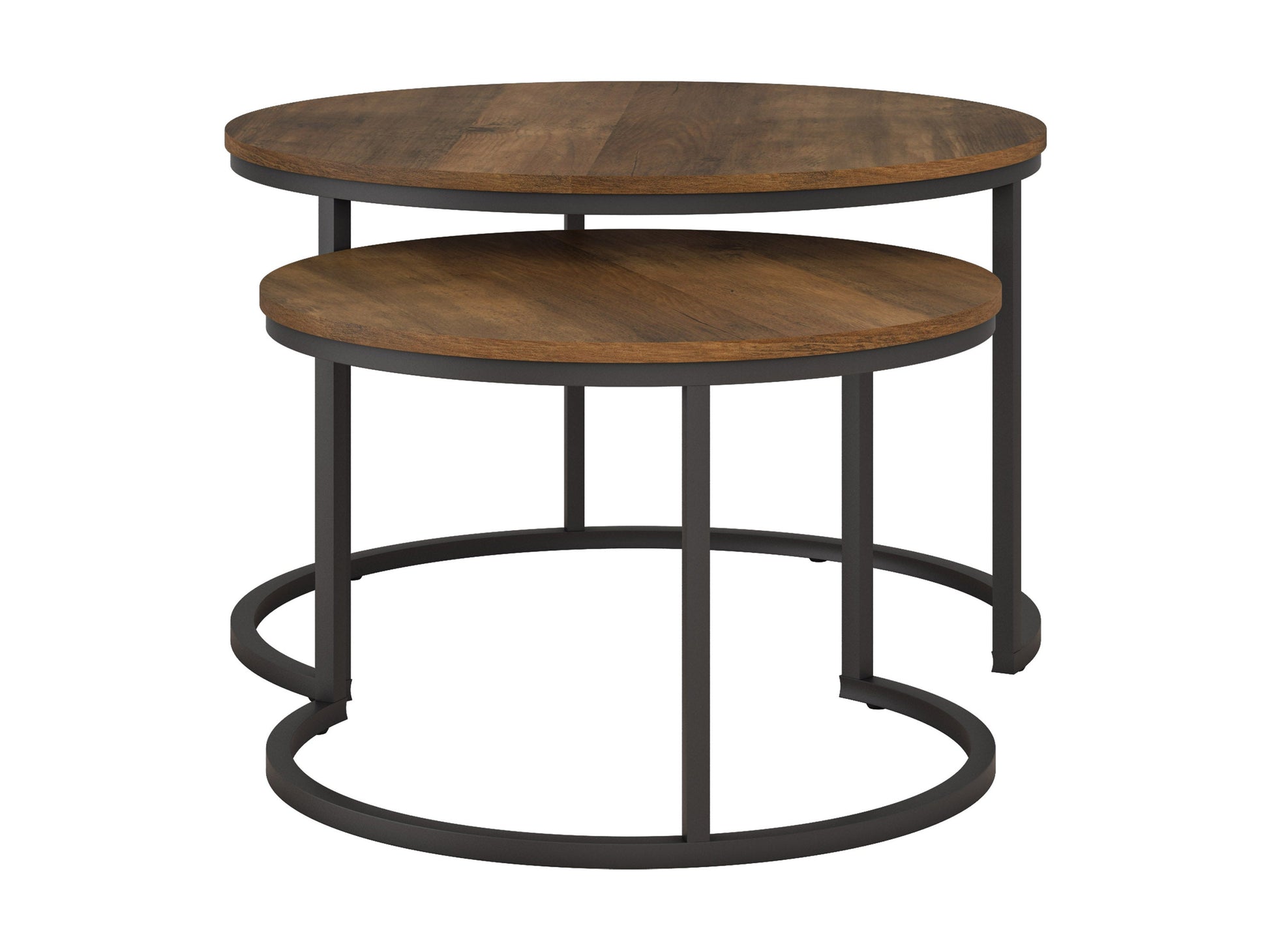 Round nesting coffee tables with brown wood tops, black metal legs, and a modern minimalist design. The larger table has a smooth surface, while the smaller table can be tucked underneath for space-saving versatility.