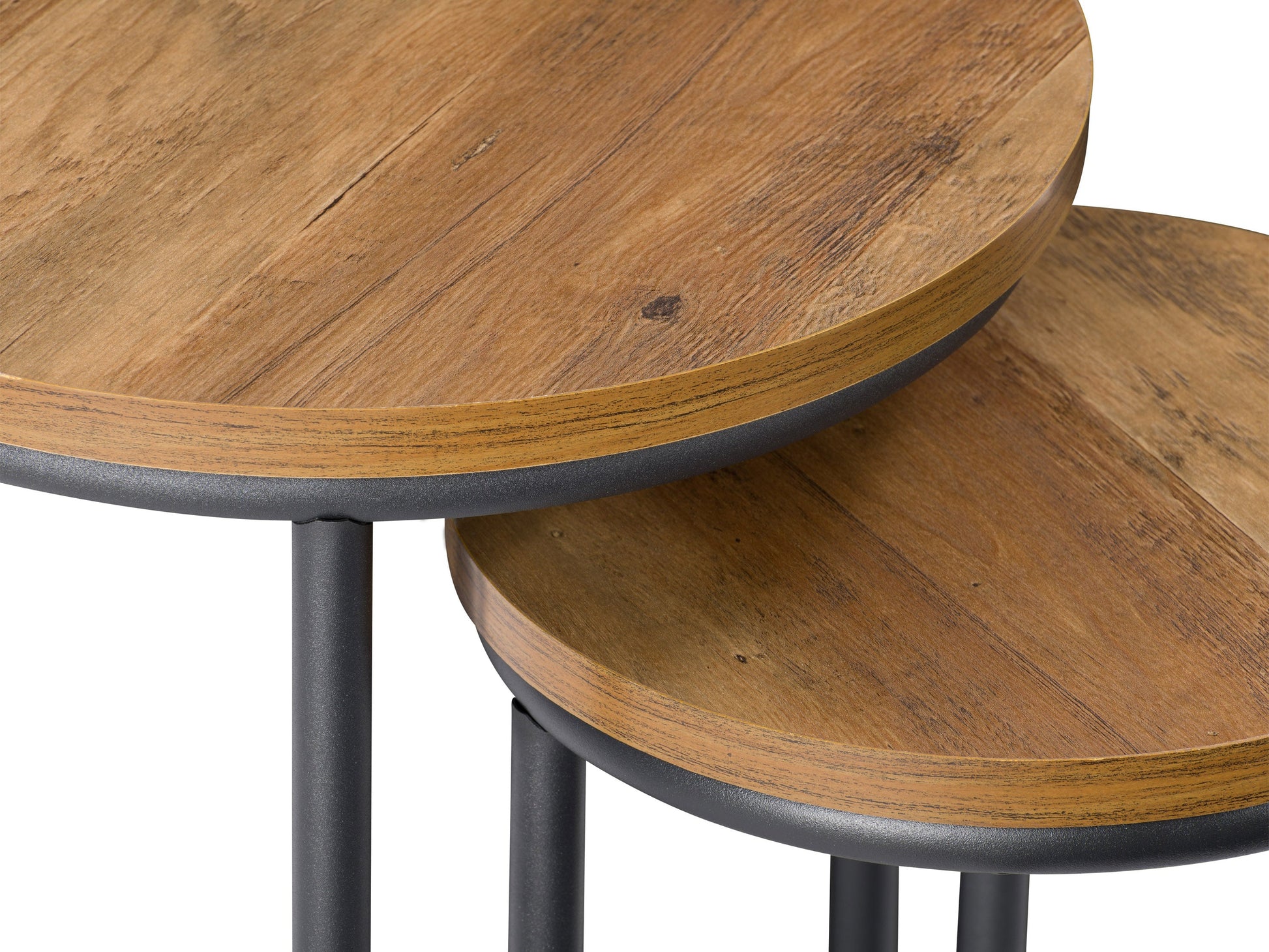 Brown wood round nesting side tables with metal legs, featuring a sleek minimalist design, smooth finish, and versatile functionality. Ideal for living rooms, bedrooms, or offices, offering stylish and practical space-saving solutions.