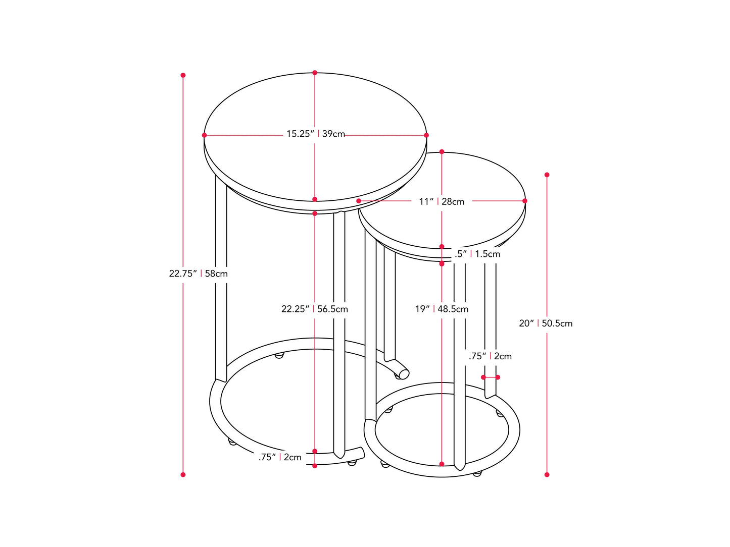 Brown wood round nesting side tables with metal legs, featuring a sleek minimalist design, smooth finish, and versatile functionality. Ideal for living rooms, bedrooms, or offices, offering stylish and practical space-saving solutions.