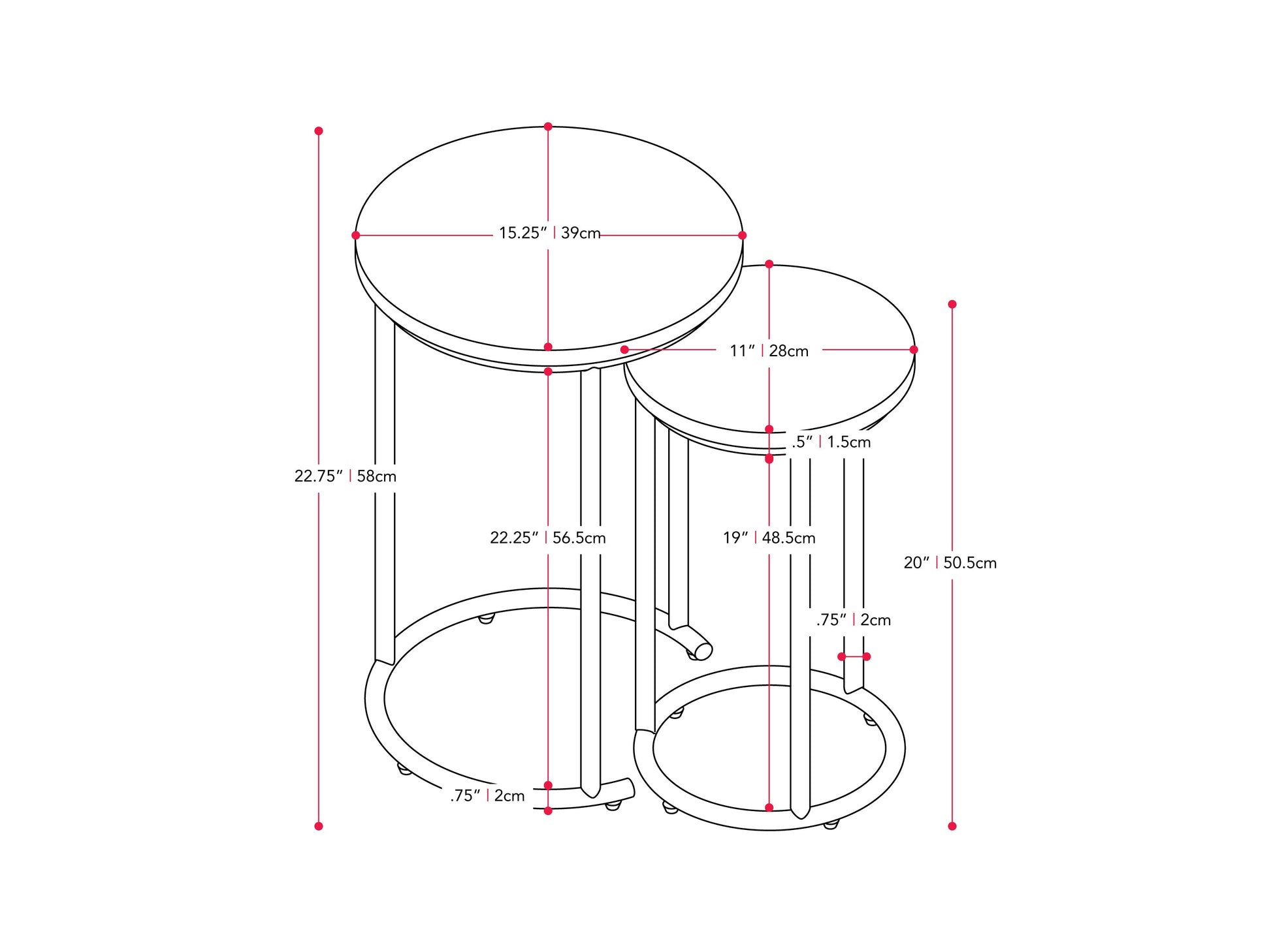 Brown wood round nesting side tables with metal legs, featuring a sleek minimalist design, smooth finish, and versatile functionality. Ideal for living rooms, bedrooms, or offices, offering stylish and practical space-saving solutions.