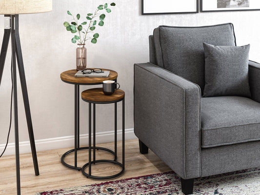 Brown wood round nesting side tables with metal legs, featuring a sleek minimalist design, smooth finish, and versatile functionality. Ideal for living rooms, bedrooms, or offices, offering stylish and practical space-saving solutions.