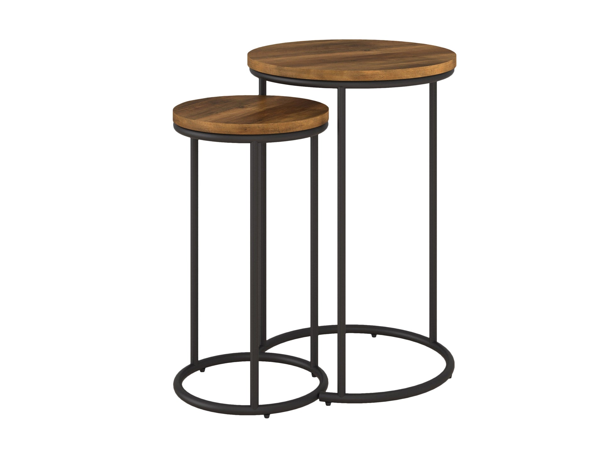 Brown wood round nesting side tables with metal legs, featuring a sleek minimalist design, smooth finish, and versatile functionality. Ideal for living rooms, bedrooms, or offices, offering stylish and practical space-saving solutions.