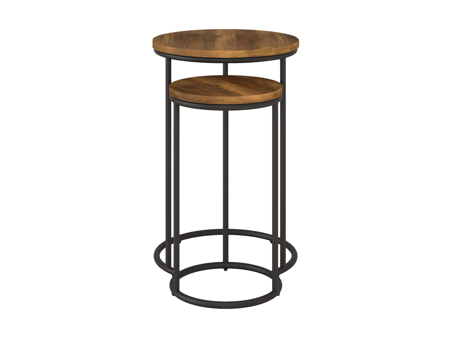 Brown wood round nesting side tables with metal legs, featuring a sleek minimalist design, smooth finish, and versatile functionality. Ideal for living rooms, bedrooms, or offices, offering stylish and practical space-saving solutions.