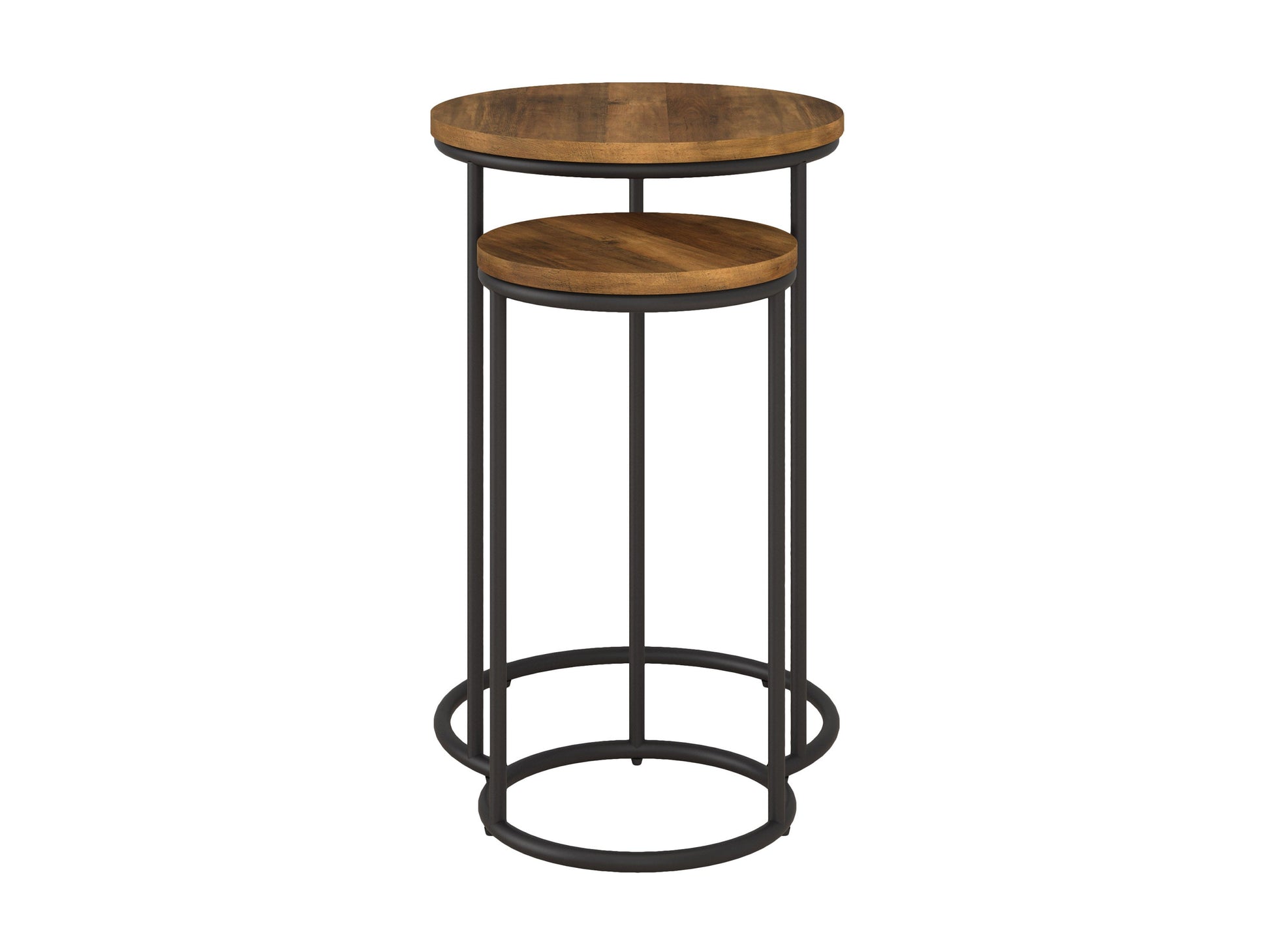 Brown wood round nesting side tables with metal legs, featuring a sleek minimalist design, smooth finish, and versatile functionality. Ideal for living rooms, bedrooms, or offices, offering stylish and practical space-saving solutions.