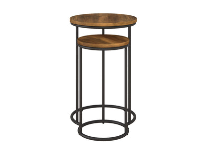 Brown wood round nesting side tables with metal legs, featuring a sleek minimalist design, smooth finish, and versatile functionality. Ideal for living rooms, bedrooms, or offices, offering stylish and practical space-saving solutions.