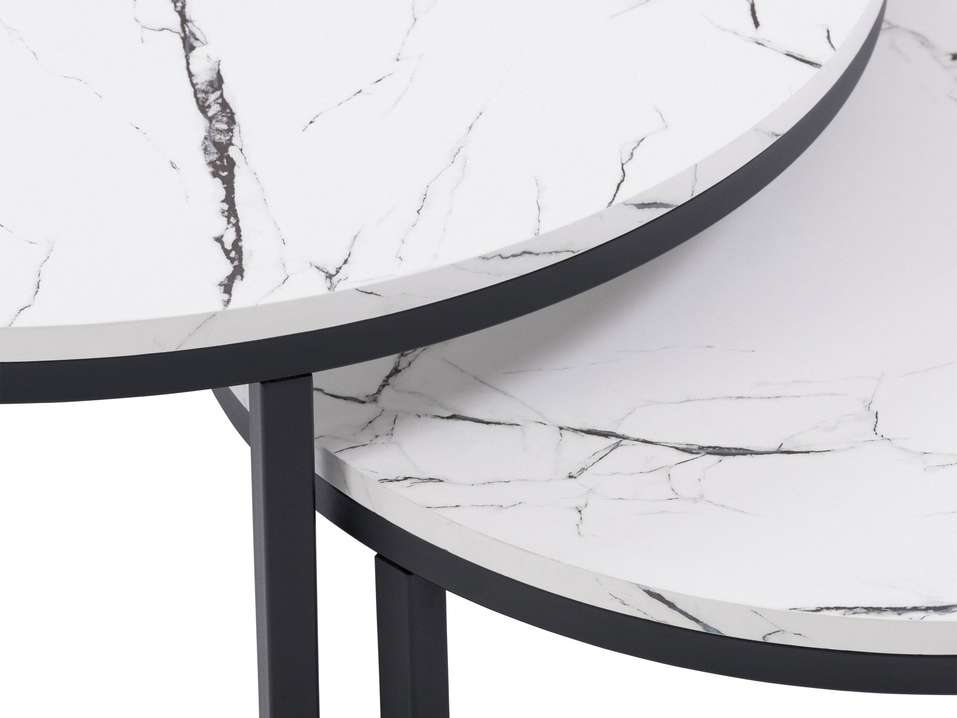 Round nesting coffee tables with white marble tops and gold metal frames, featuring a modern design and smooth surfaces, perfect for contemporary living rooms.