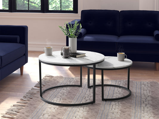Round nesting coffee tables with white marble tops and gold metal frames, featuring a modern design and smooth surfaces, perfect for contemporary living rooms.