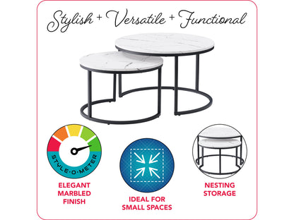 Round nesting coffee tables with white marble tops and gold metal frames, featuring a modern design and smooth surfaces, perfect for contemporary living rooms.