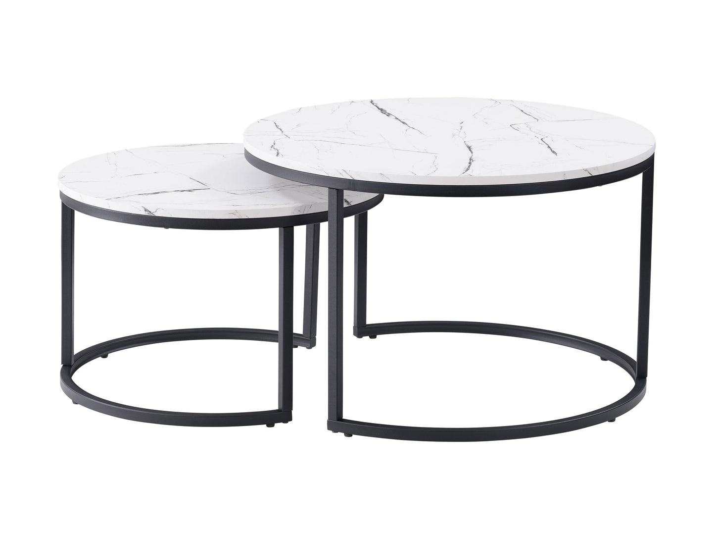 Round nesting coffee tables with white marble tops and gold metal frames, featuring a modern design and smooth surfaces, perfect for contemporary living rooms.