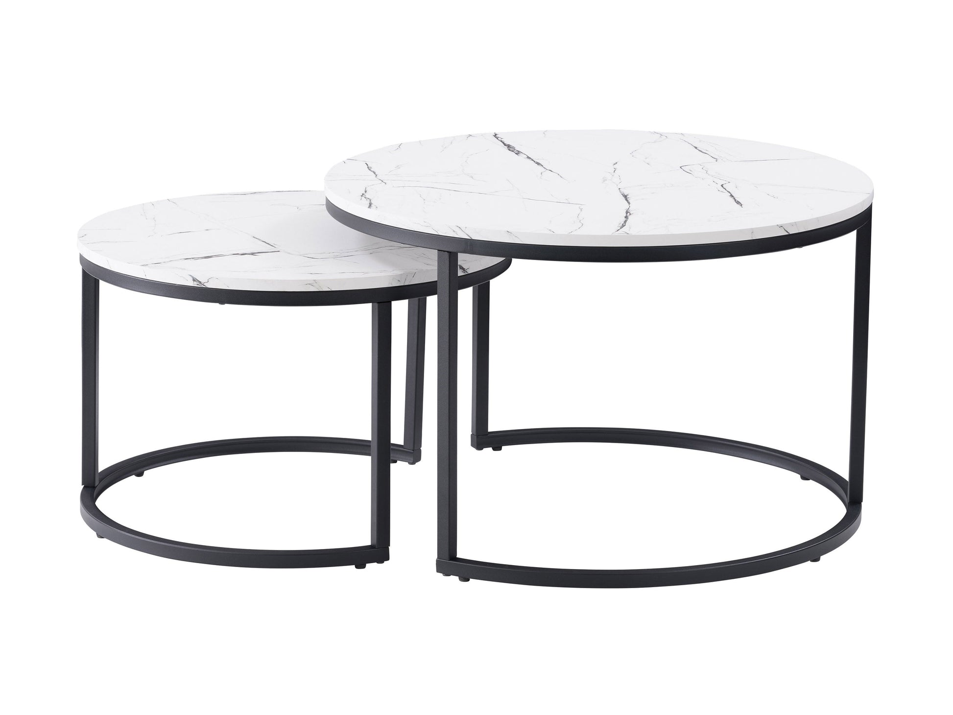 Round nesting coffee tables with white marble tops and gold metal frames, featuring a modern design and smooth surfaces, perfect for contemporary living rooms.