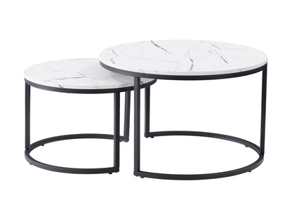 Round nesting coffee tables with white marble tops and gold metal frames, featuring a modern design and smooth surfaces, perfect for contemporary living rooms.