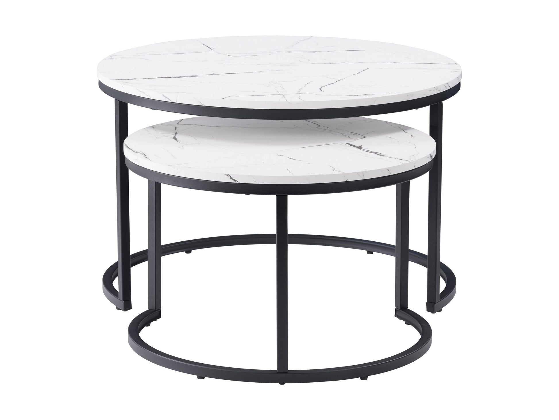 Round nesting coffee tables with white marble tops and gold metal frames, featuring a modern design and smooth surfaces, perfect for contemporary living rooms.