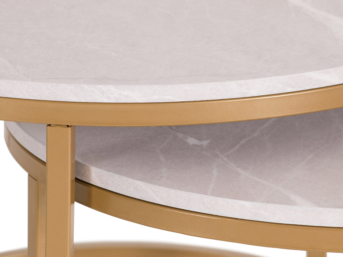 Round nesting coffee tables with white marble tops and gold metal frames, featuring a modern design and space-saving functionality. Perfect for contemporary living rooms seeking stylish, luxurious accents.