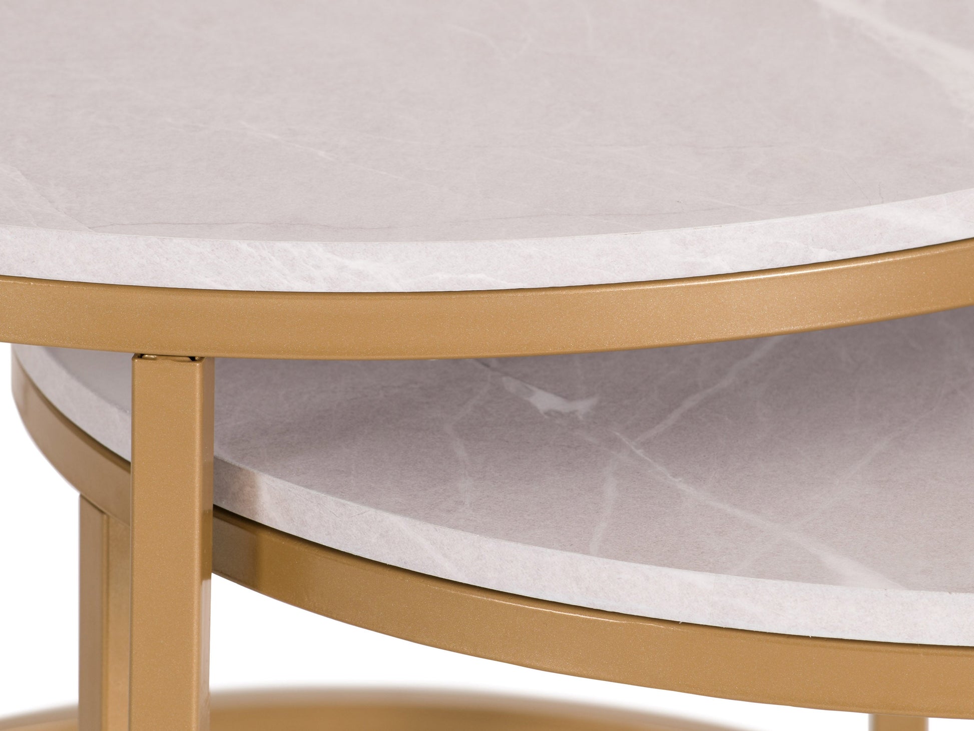 Round nesting coffee tables with white marble tops and gold metal frames, featuring a modern design and space-saving functionality. Perfect for contemporary living rooms seeking stylish, luxurious accents.