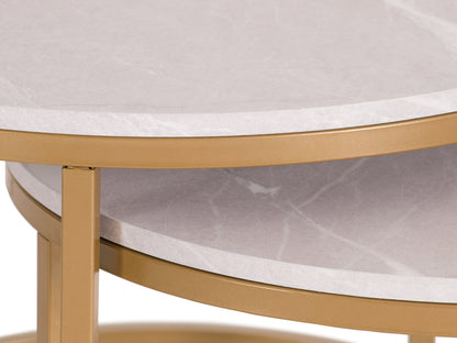 Round nesting coffee tables with white marble tops and gold metal frames, featuring a modern design and space-saving functionality. Perfect for contemporary living rooms seeking stylish, luxurious accents.