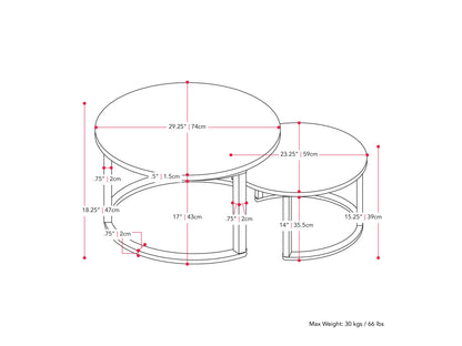 Round nesting coffee tables with white marble tops and gold metal frames, featuring a modern design and space-saving functionality. Perfect for contemporary living rooms seeking stylish, luxurious accents.