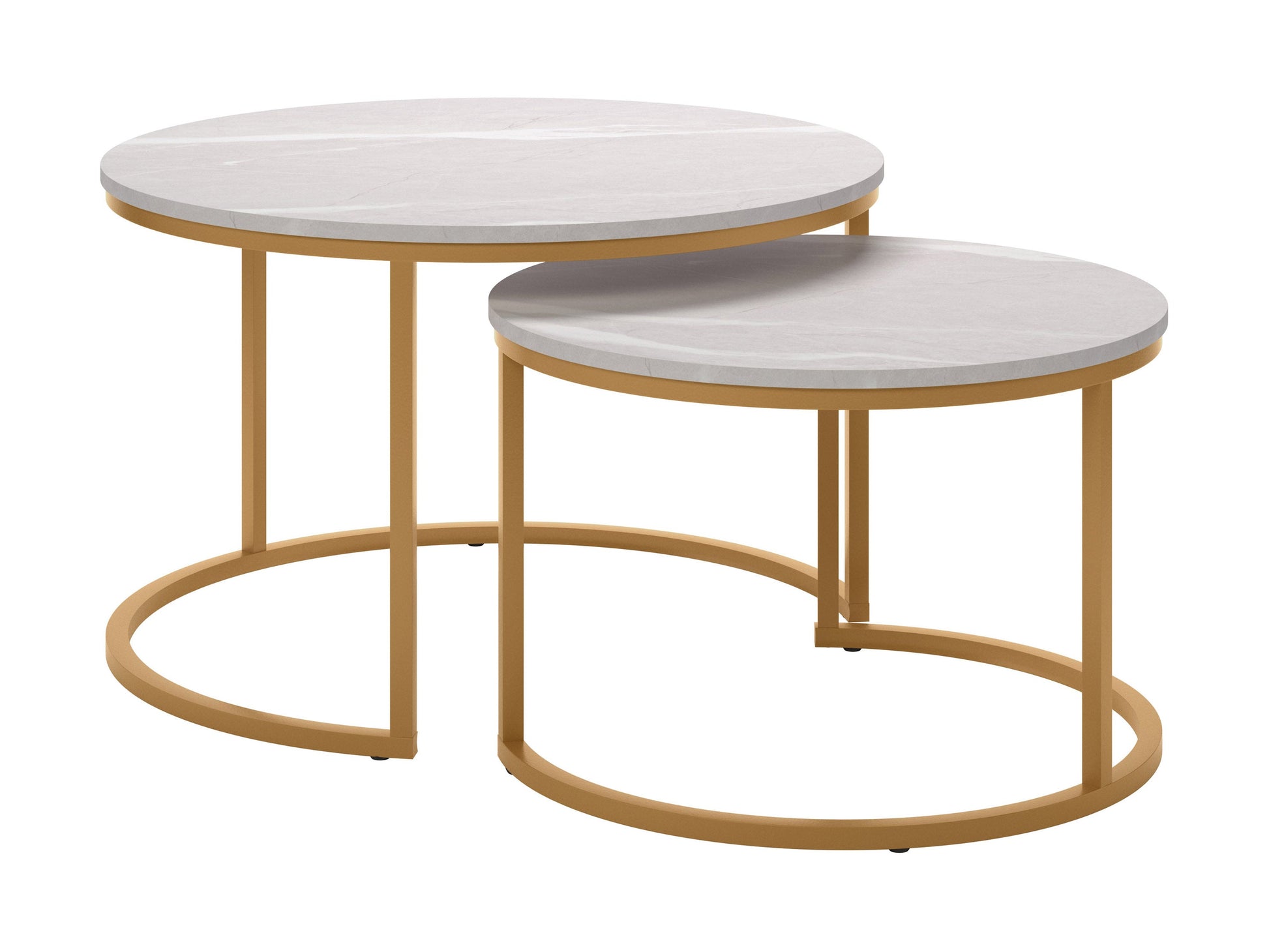 Round nesting coffee tables with white marble tops and gold metal frames, featuring a modern design and space-saving functionality. Perfect for contemporary living rooms seeking stylish, luxurious accents.