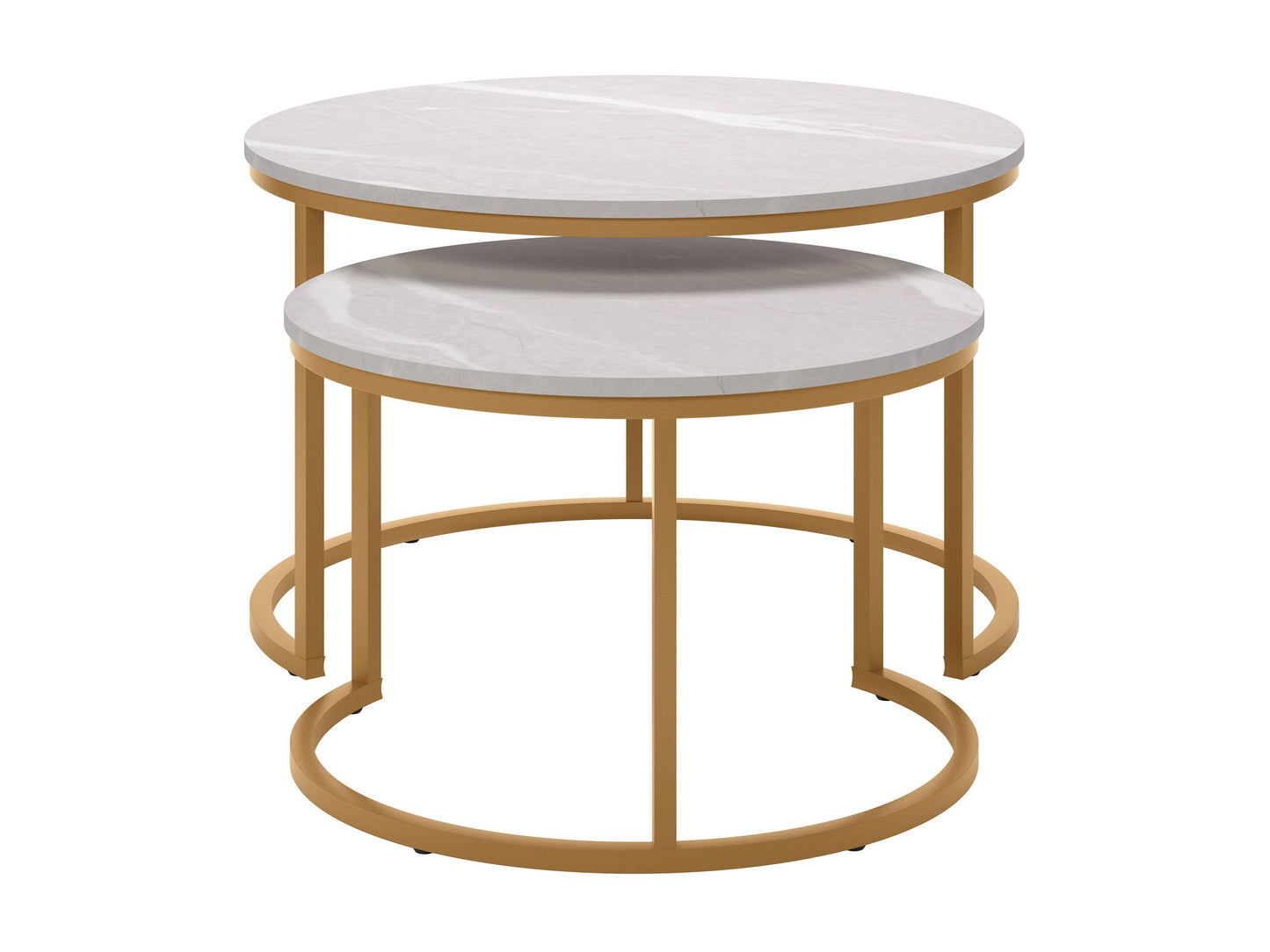 Round nesting coffee tables with white marble tops and gold metal frames, featuring a modern design and space-saving functionality. Perfect for contemporary living rooms seeking stylish, luxurious accents.