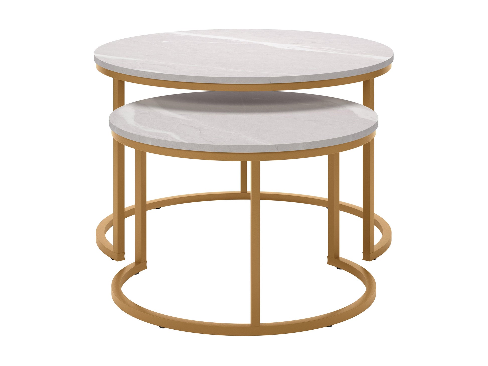 Round nesting coffee tables with white marble tops and gold metal frames, featuring a modern design and space-saving functionality. Perfect for contemporary living rooms seeking stylish, luxurious accents.