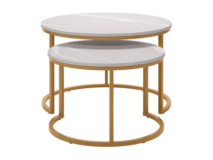Round nesting coffee tables with white marble tops and gold metal frames, featuring a modern design and space-saving functionality. Perfect for contemporary living rooms seeking stylish, luxurious accents.
