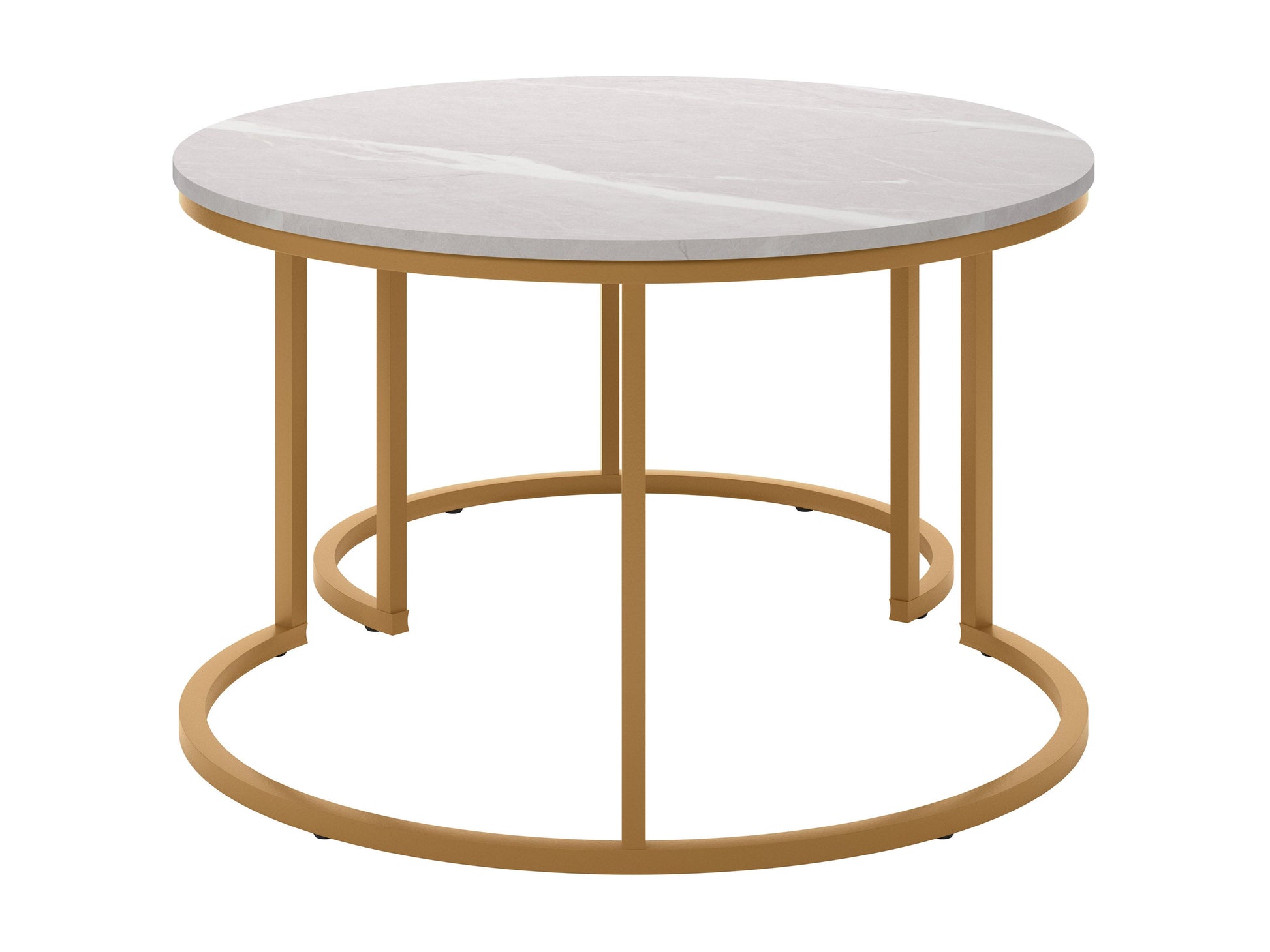 Round nesting coffee tables with white marble tops and gold metal frames, featuring a modern design and space-saving functionality. Perfect for contemporary living rooms seeking stylish, luxurious accents.