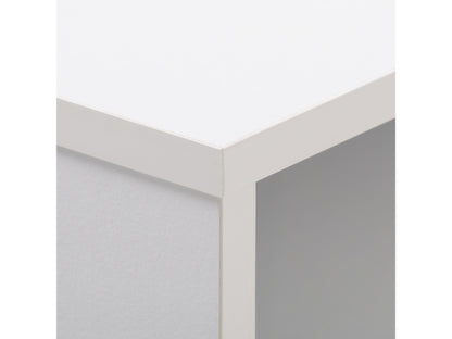 White and black mid-century modern desk with sleek lines, wooden legs, and minimalist design, featuring a smooth white top and black drawer for storage, perfect for home office or study.
