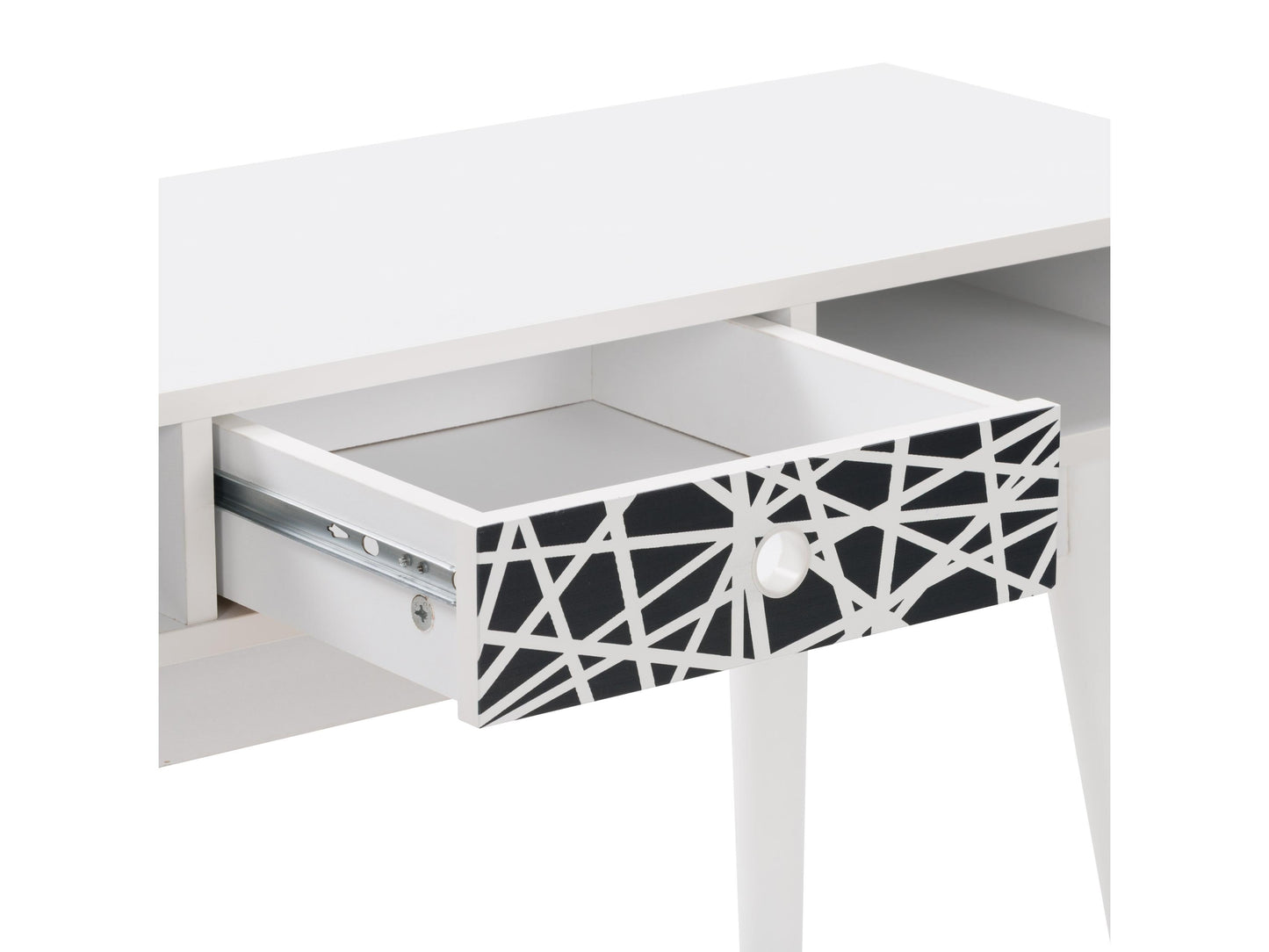 White and black mid-century modern desk with sleek lines, wooden legs, and minimalist design, featuring a smooth white top and black drawer for storage, perfect for home office or study.
