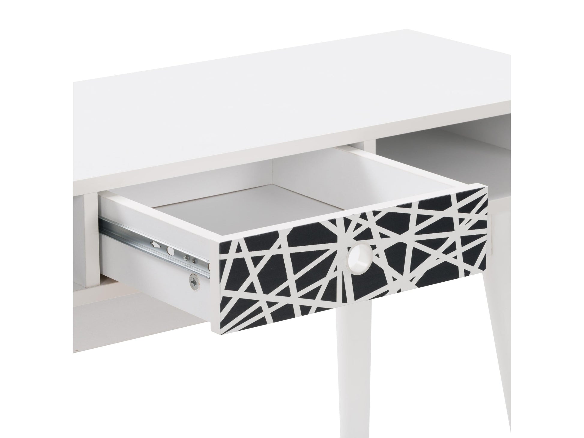 White and black mid-century modern desk with sleek lines, wooden legs, and minimalist design, featuring a smooth white top and black drawer for storage, perfect for home office or study.