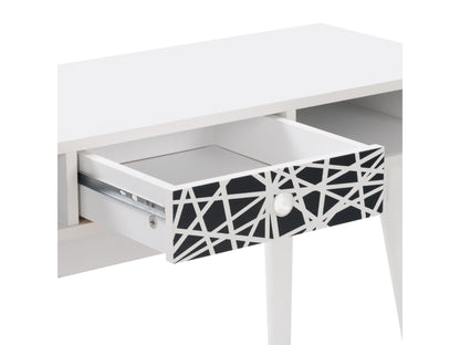 White and black mid-century modern desk with sleek lines, wooden legs, and minimalist design, featuring a smooth white top and black drawer for storage, perfect for home office or study.