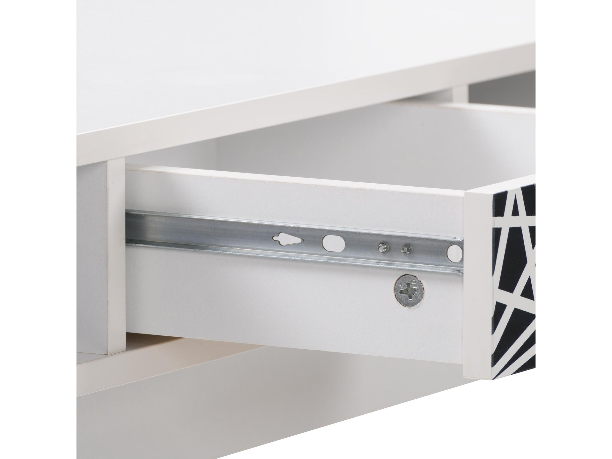 White and black mid-century modern desk with sleek lines, wooden legs, and minimalist design, featuring a smooth white top and black drawer for storage, perfect for home office or study.