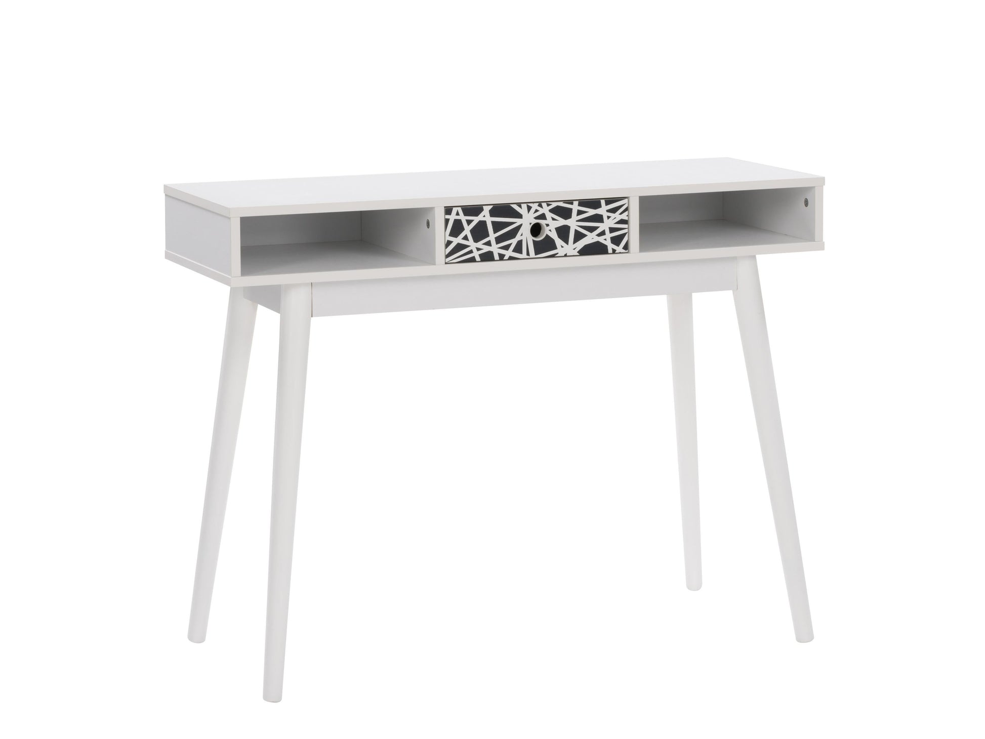 White and black mid-century modern desk with sleek lines, wooden legs, and minimalist design, featuring a smooth white top and black drawer for storage, perfect for home office or study.