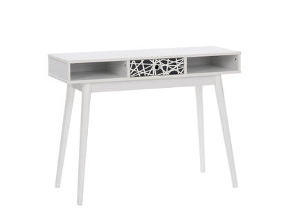 White and black mid-century modern desk with sleek lines, wooden legs, and minimalist design, featuring a smooth white top and black drawer for storage, perfect for home office or study.
