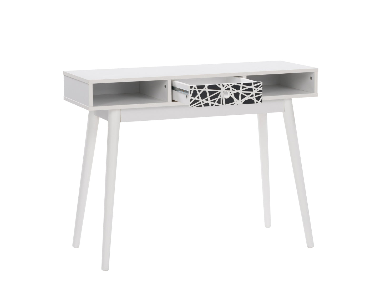 White and black mid-century modern desk with sleek lines, wooden legs, and minimalist design, featuring a smooth white top and black drawer for storage, perfect for home office or study.
