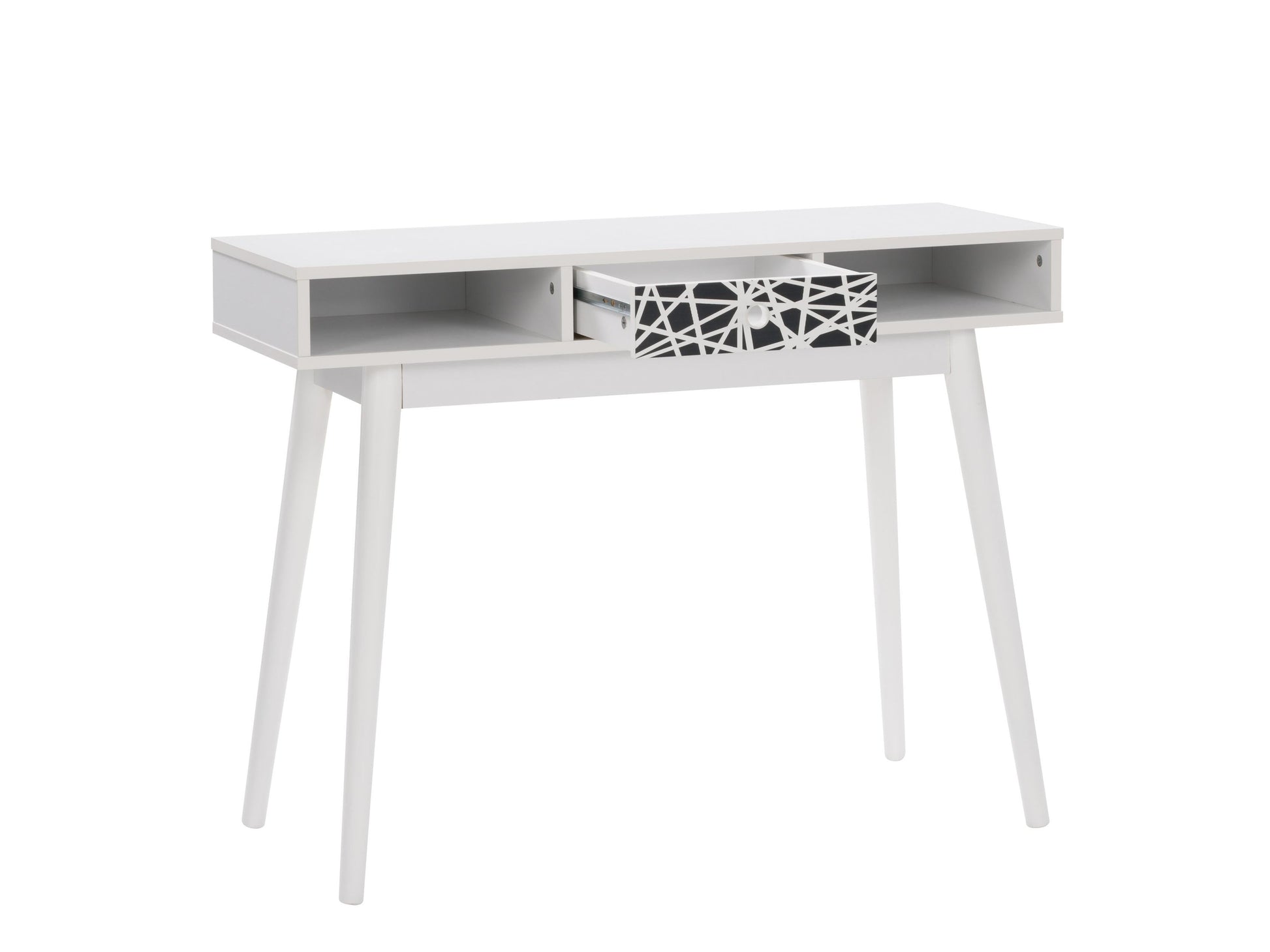 White and black mid-century modern desk with sleek lines, wooden legs, and minimalist design, featuring a smooth white top and black drawer for storage, perfect for home office or study.