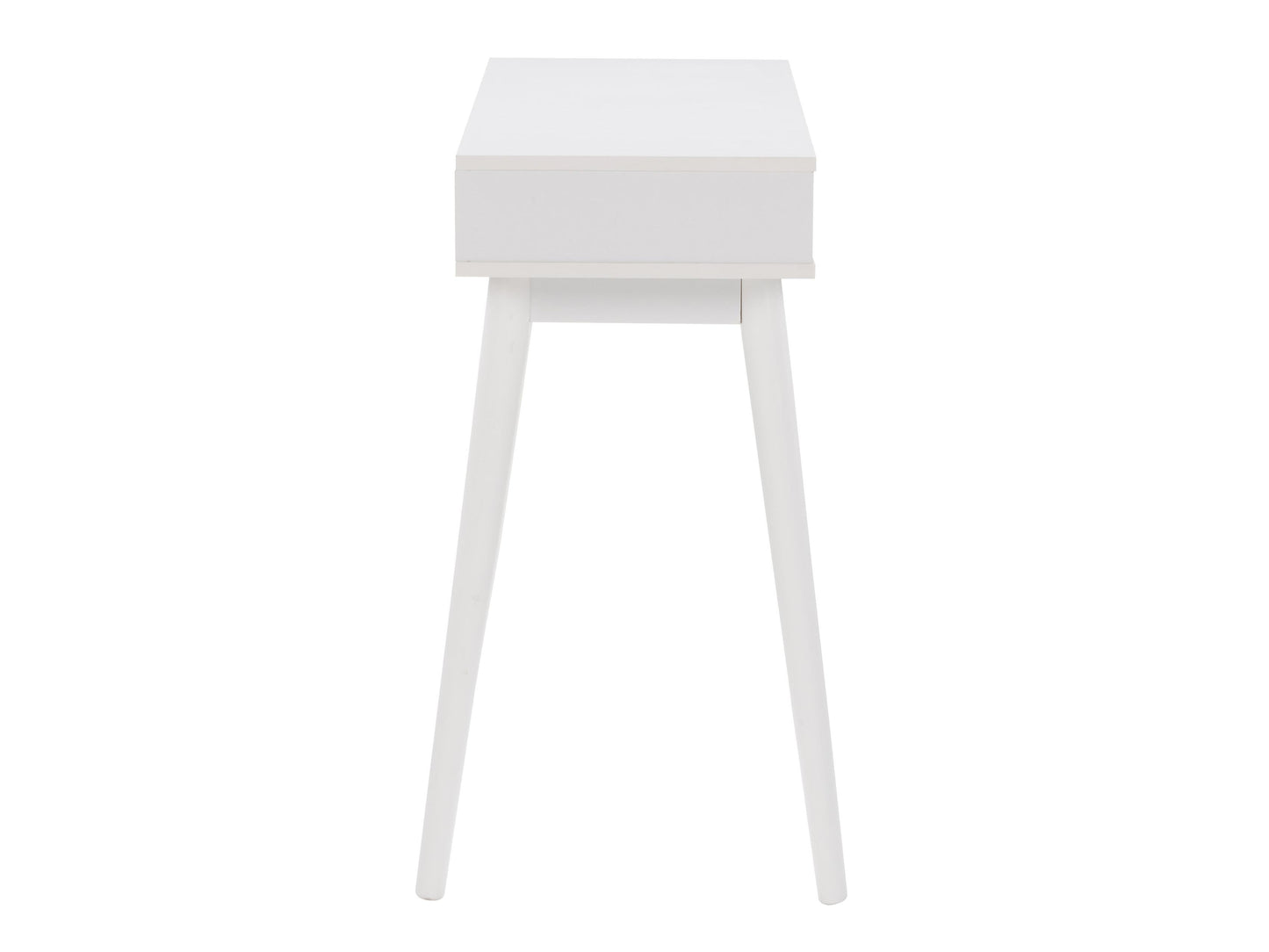 White and black mid-century modern desk with sleek lines, wooden legs, and minimalist design, featuring a smooth white top and black drawer for storage, perfect for home office or study.