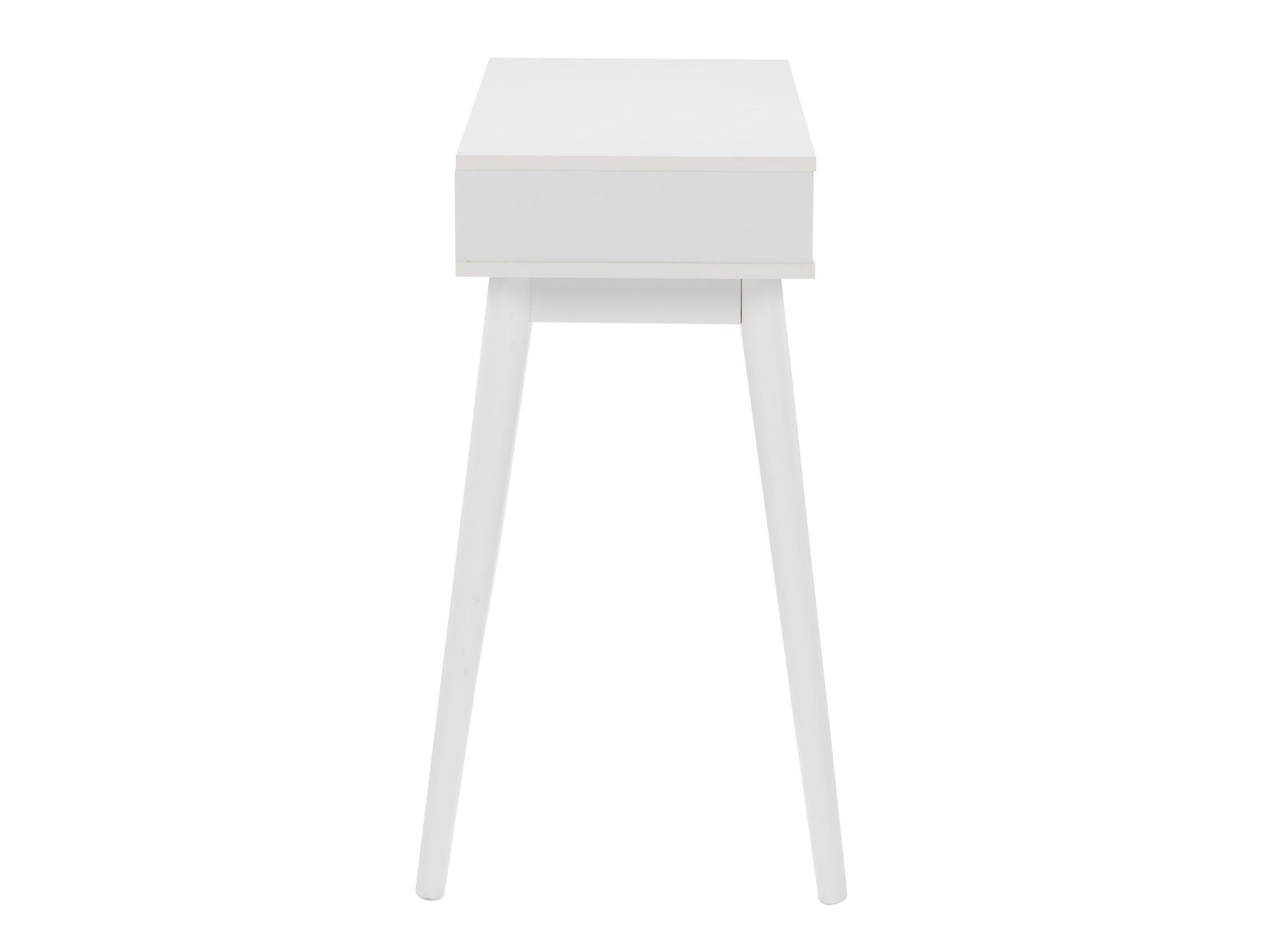 White and black mid-century modern desk with sleek lines, wooden legs, and minimalist design, featuring a smooth white top and black drawer for storage, perfect for home office or study.