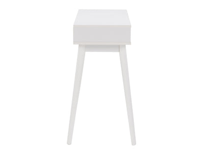 White and black mid-century modern desk with sleek lines, wooden legs, and minimalist design, featuring a smooth white top and black drawer for storage, perfect for home office or study.
